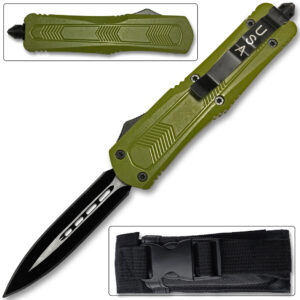 Spear Point OTF Knife Out The Front Assisted Open Tactical Glass Breaker Straight Edge Green Handle