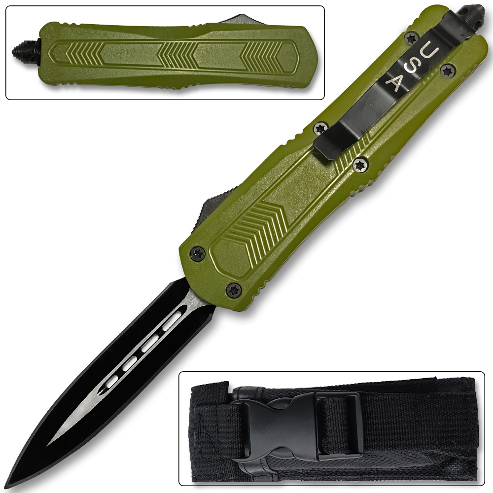 Spear Point OTF Knife Out The Front Assisted Open Tactical Glass Breaker Straight Edge Green Handle