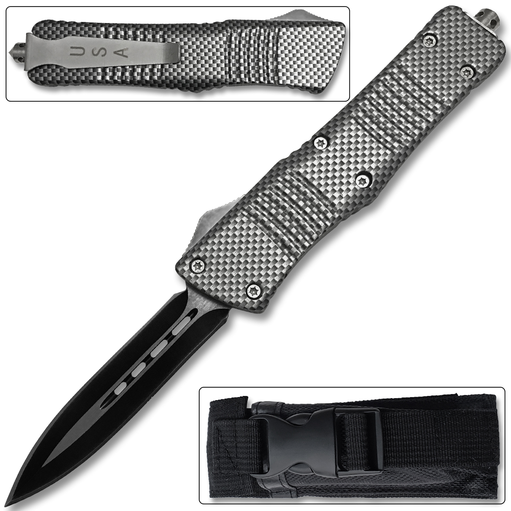 Spear Point OTF Knife Out The Front Assisted Open Tactical Glass Breaker Straight Edge Silver Handle