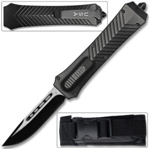 Straight Sharp Edge OTF Knife Out The Front Assisted Open Tactical Glass Breaker Black Handle