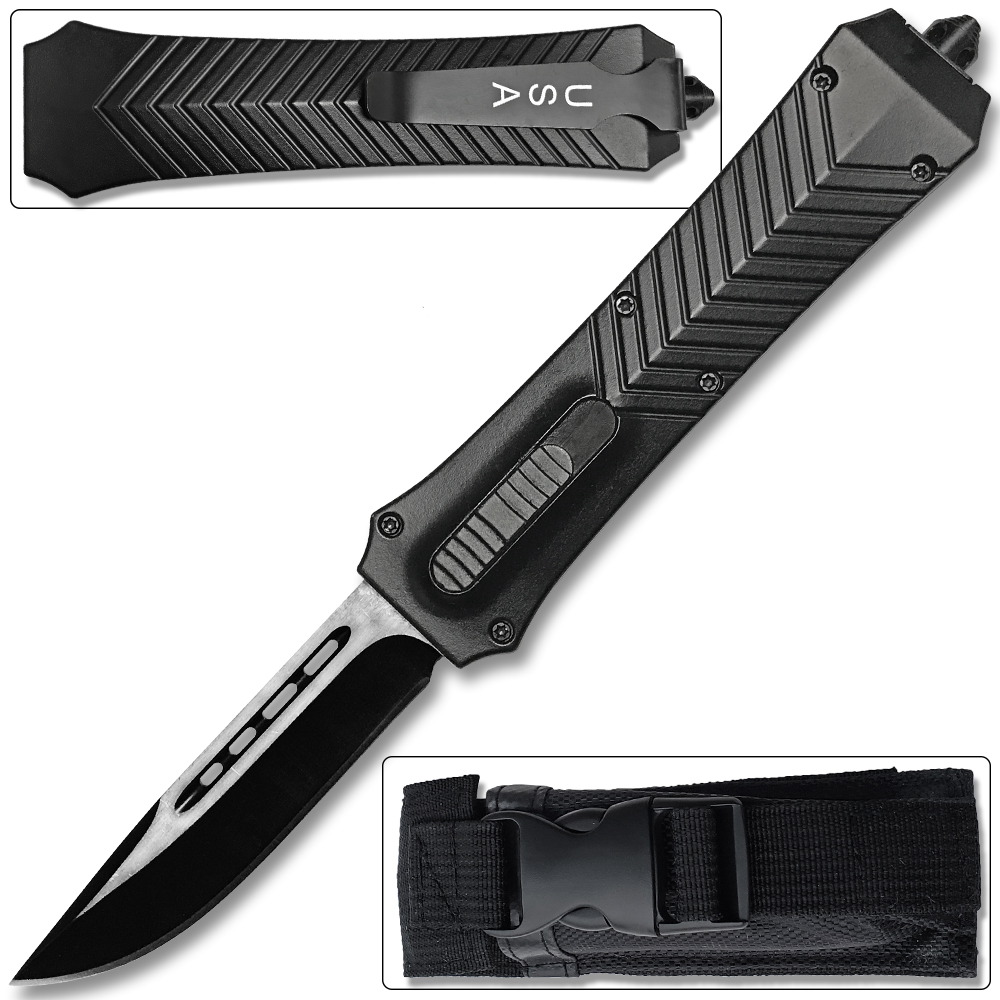 Straight Sharp Edge OTF Knife Out The Front Assisted Open Tactical Glass Breaker Black Handle