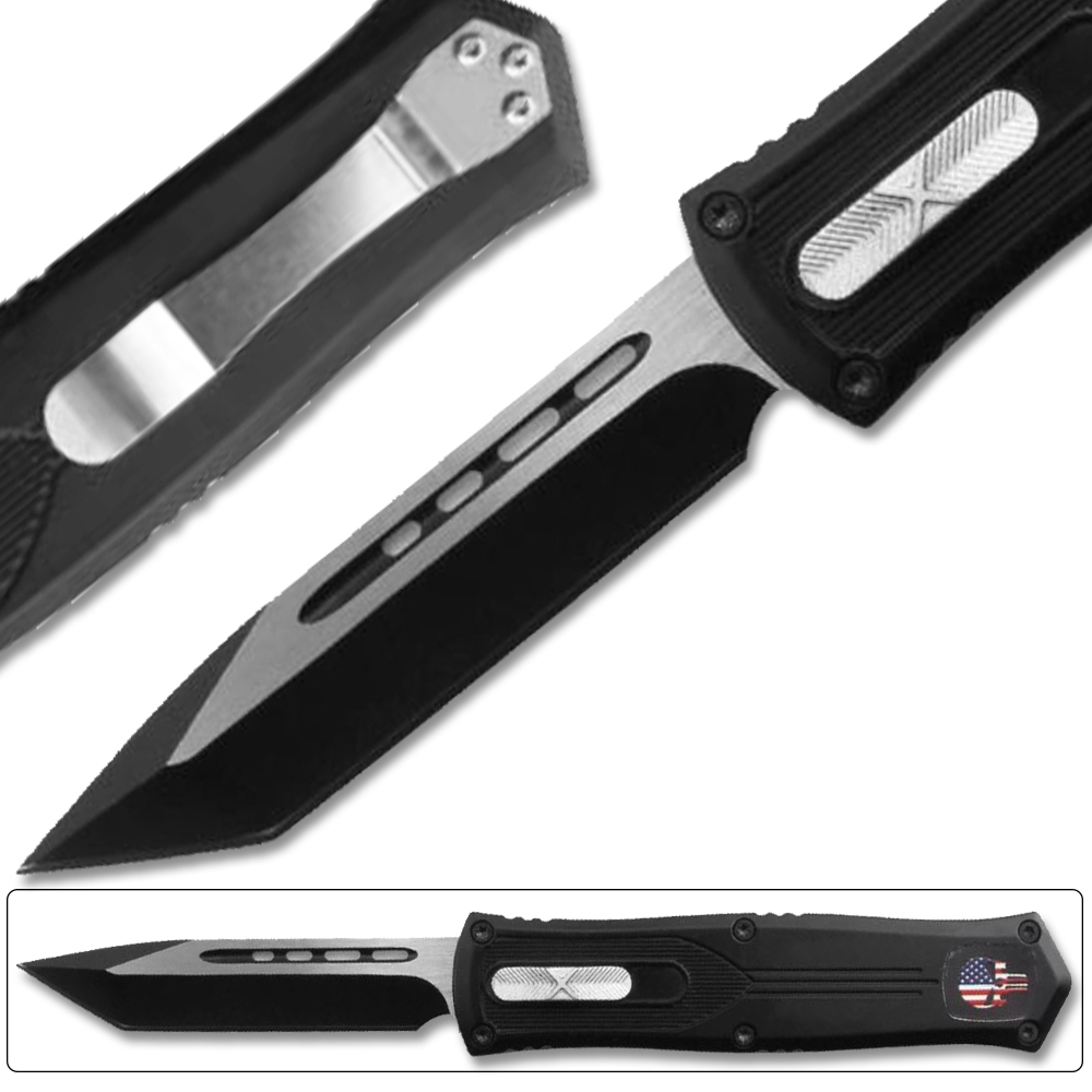 Straight Edge American Flag Skull OTF Knife - Clip Plain USA