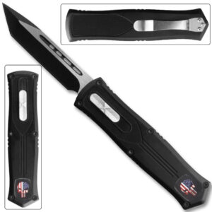 Straight Edge American Flag Skull OTF Knife - Clip Plain USA
