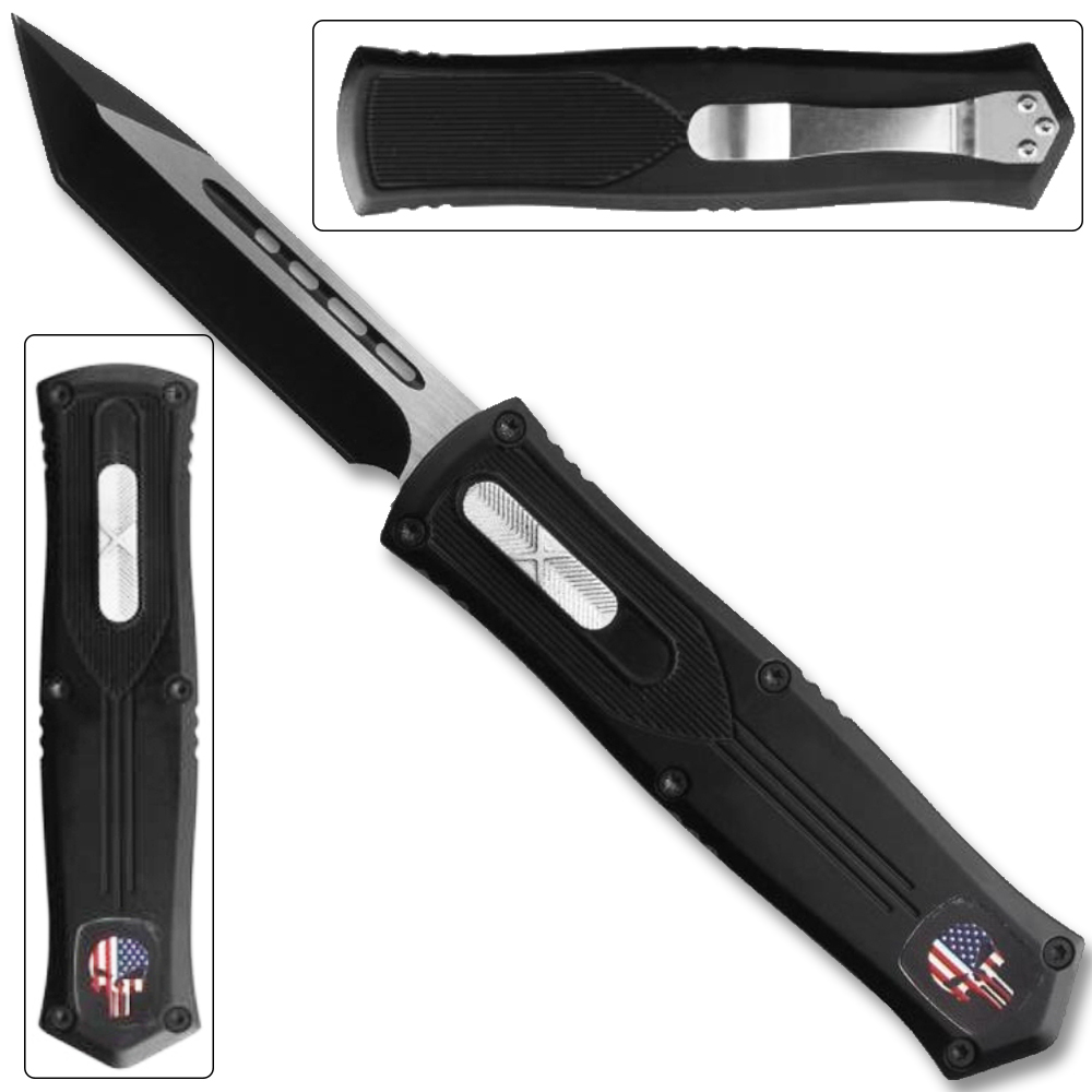 Straight Edge American Flag Skull OTF Knife - Clip Plain USA