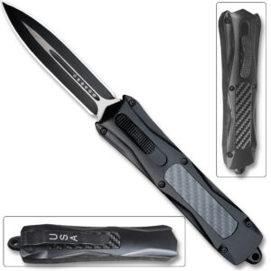 Spear Point OTF Knife Out The Front Tactical  Straight Edge Black Carbon Fiber Handle