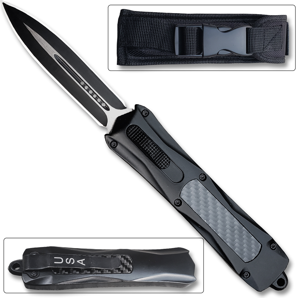 Spear Point OTF Knife Out The Front Tactical  Straight Edge Black Carbon Fiber Handle