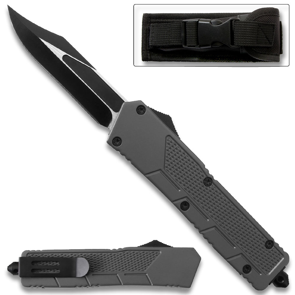 Grey  Drop Point  Single Edge OTF Out The Front Assisted Open Tactical Glass Breaker