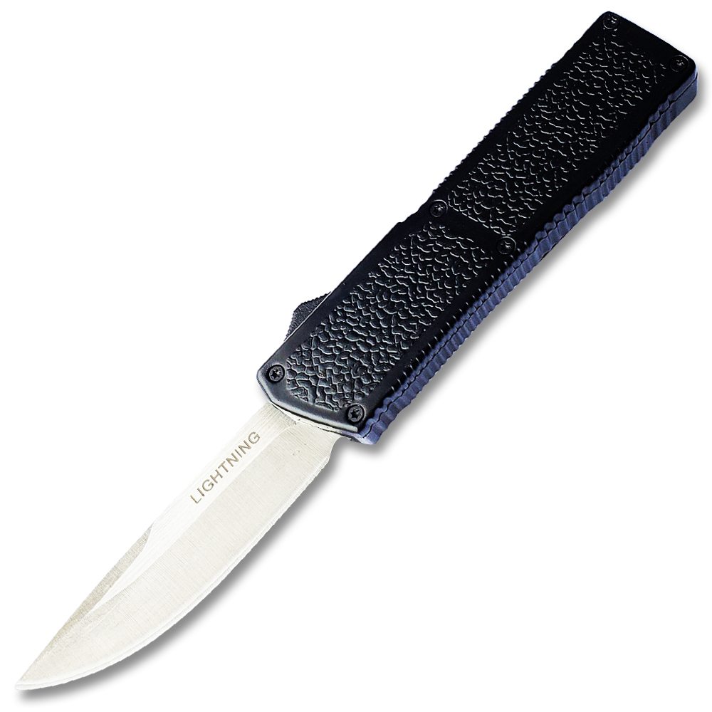 Lightning Black Handle OTF Automatic Silver  Drop Point Blade