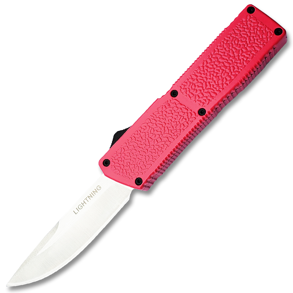 Lightning Pink Handle OTF Automatic Silver  Drop Point Blade