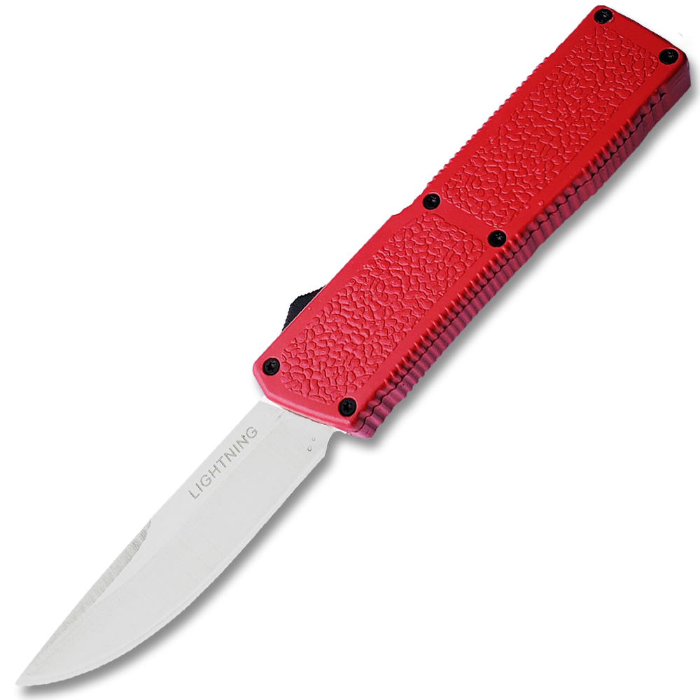 Lightning Red Handle OTF Automatic Silver  Drop Point Blade