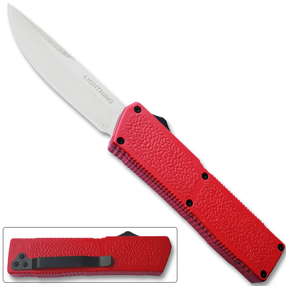 Lightning Red Handle OTF Automatic Silver  Drop Point Blade