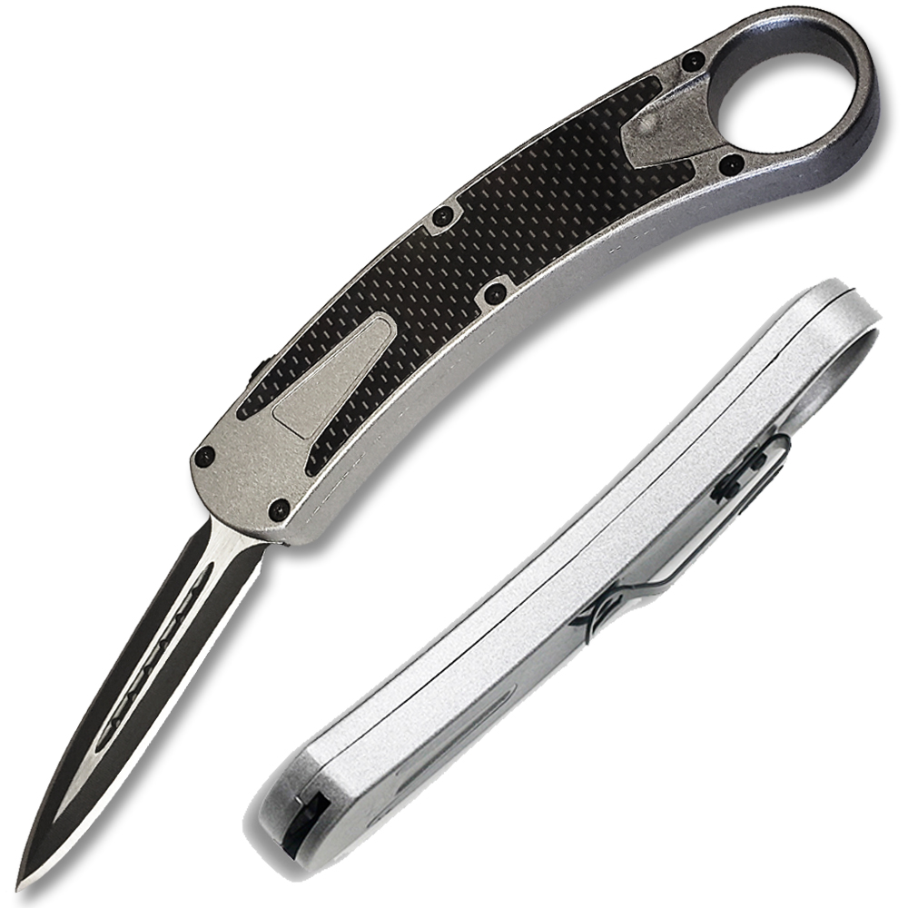 Karambit OTF Spear Point, Double Edged Blade Silver Handle