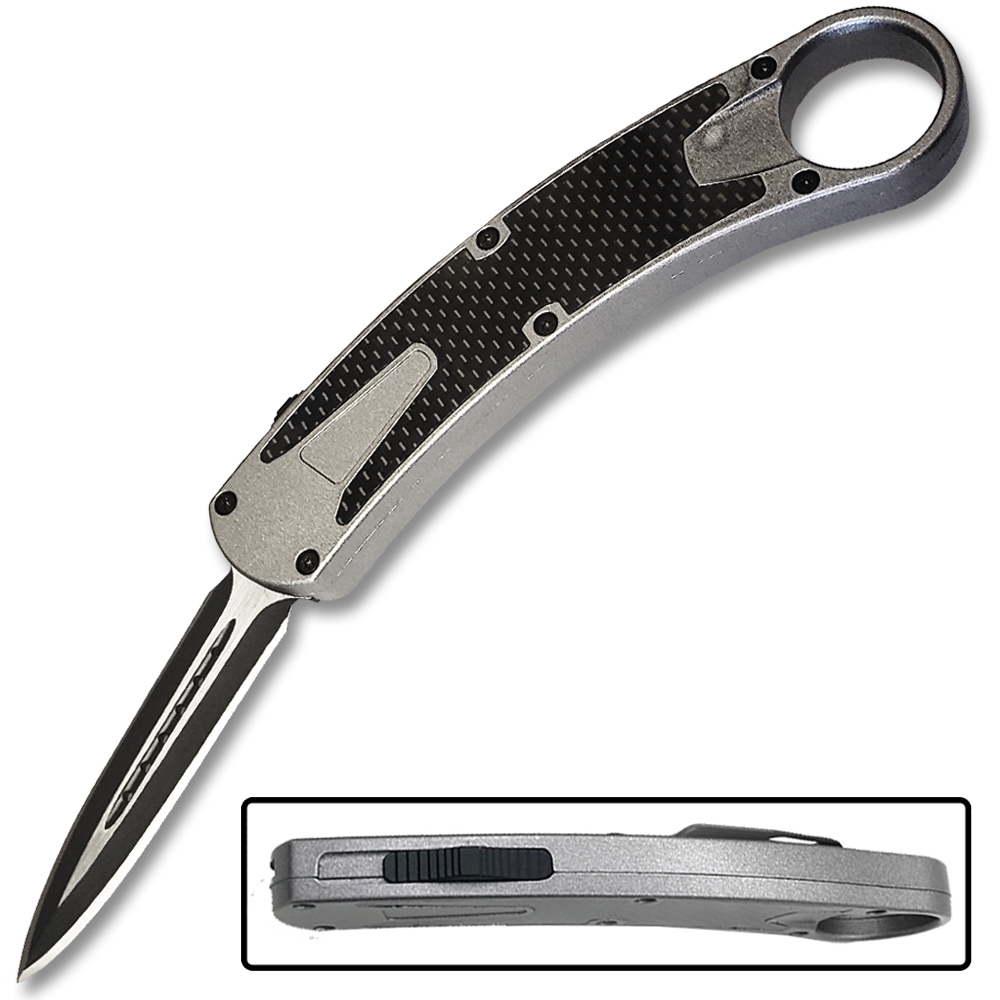 Karambit OTF Spear Point, Double Edged Blade Silver Handle