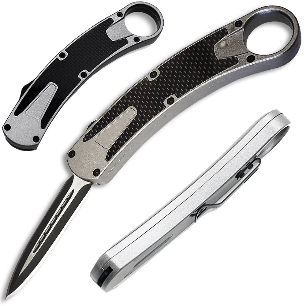 Karambit OTF Spear Point, Double Edged Blade Silver Handle