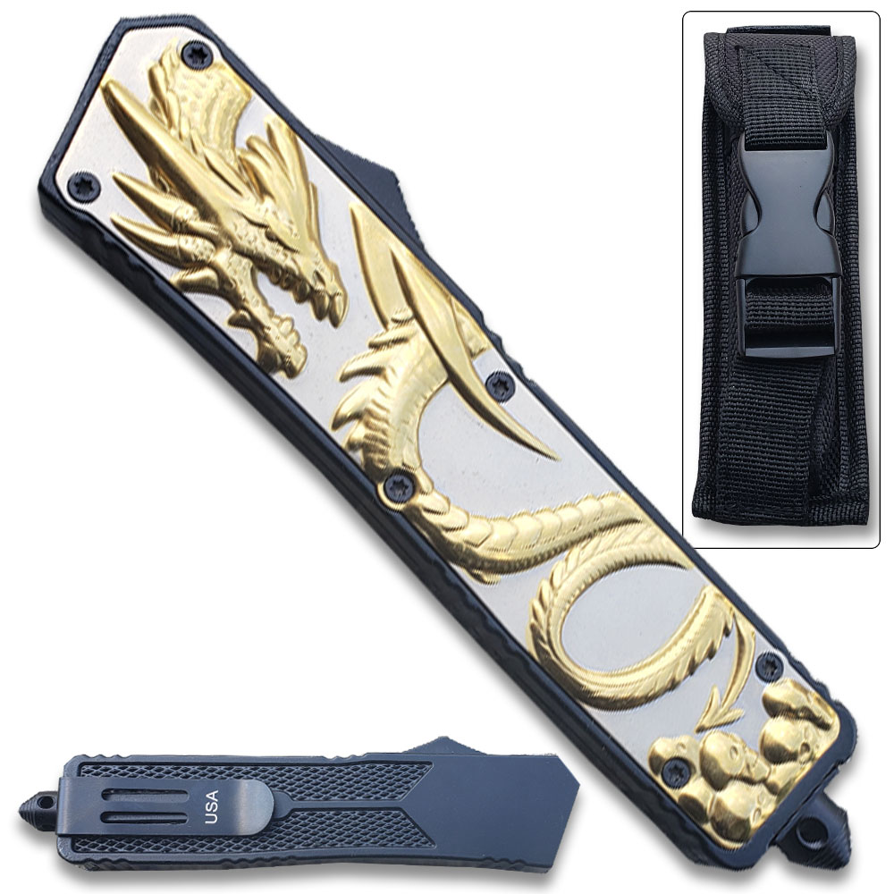 Straight Edge Gold Dragon Flagship OTF Knife Spear Point