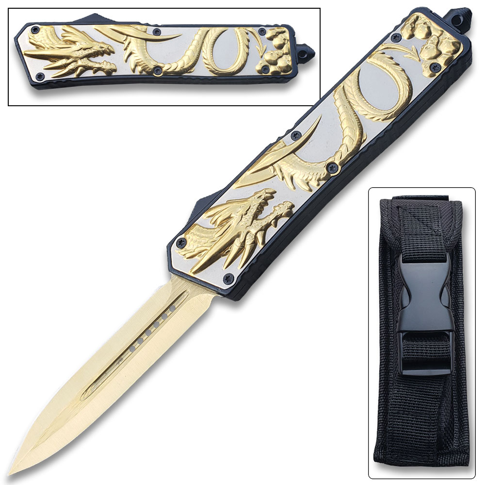Straight Edge Gold Dragon Flagship OTF Knife Spear Point