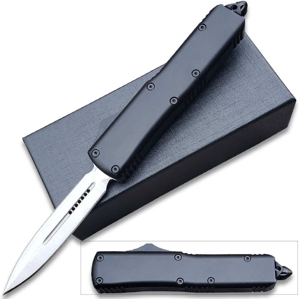 Black Legends Micro D2 Steel OTF Stiletto  Double Edge Silver Blade