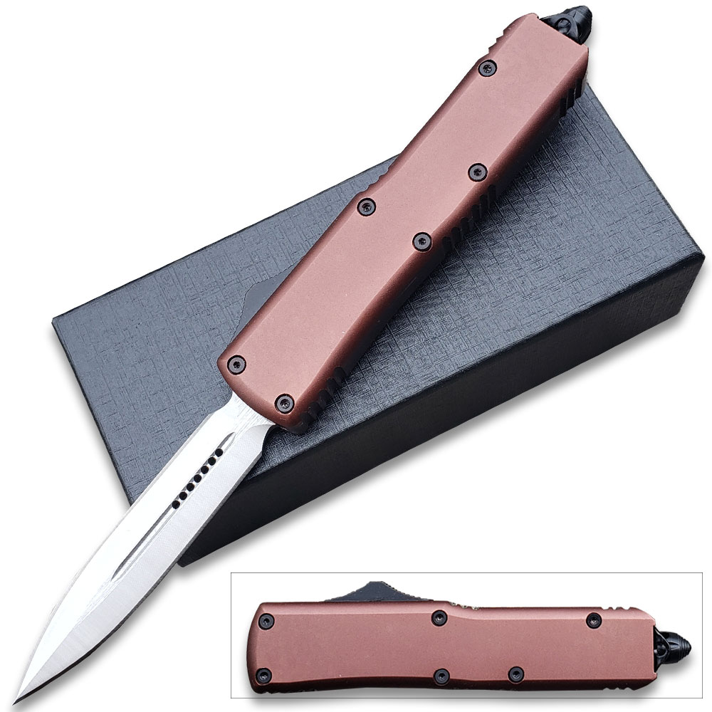 Metallic Brown Legends Micro D2 Steel OTF Stiletto  Double Edge Silver Blade