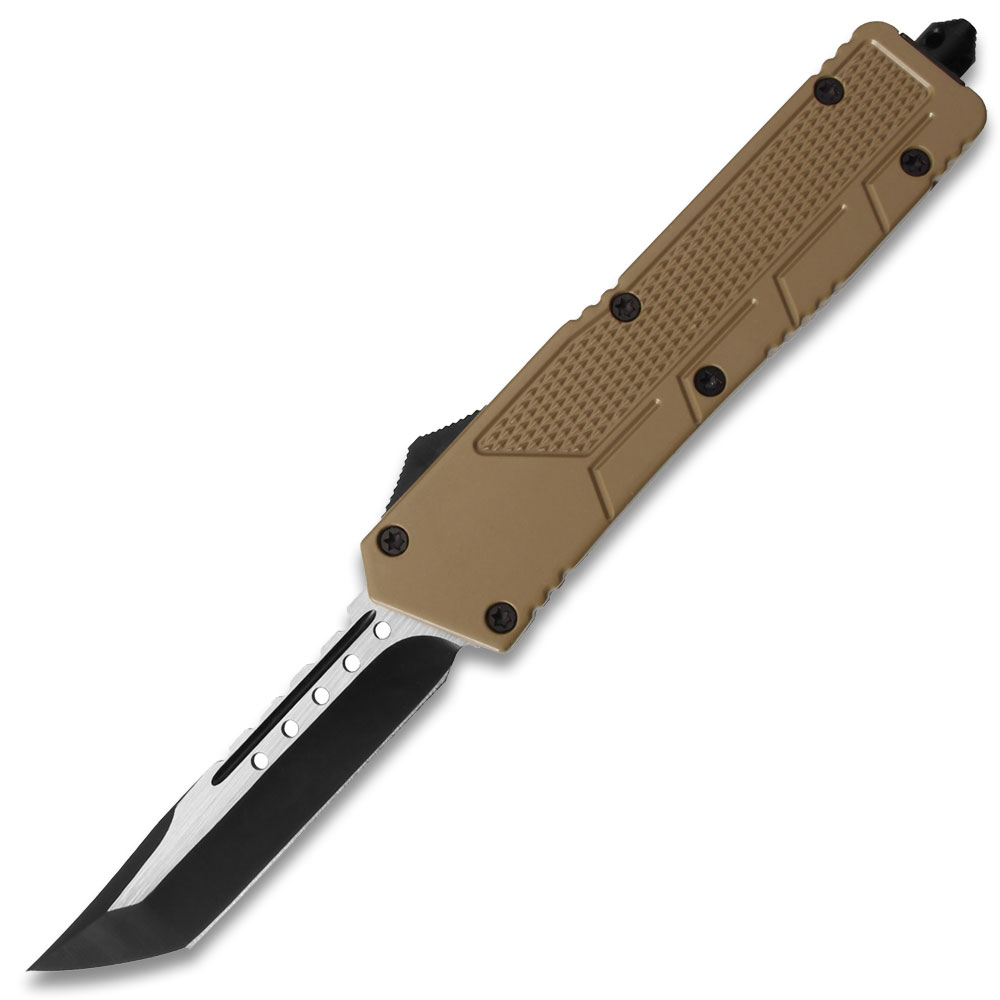 Army Brown Tanto Spear Point OTF Out The Front Assisted Open Tactical Glass Breaker Brown Handle