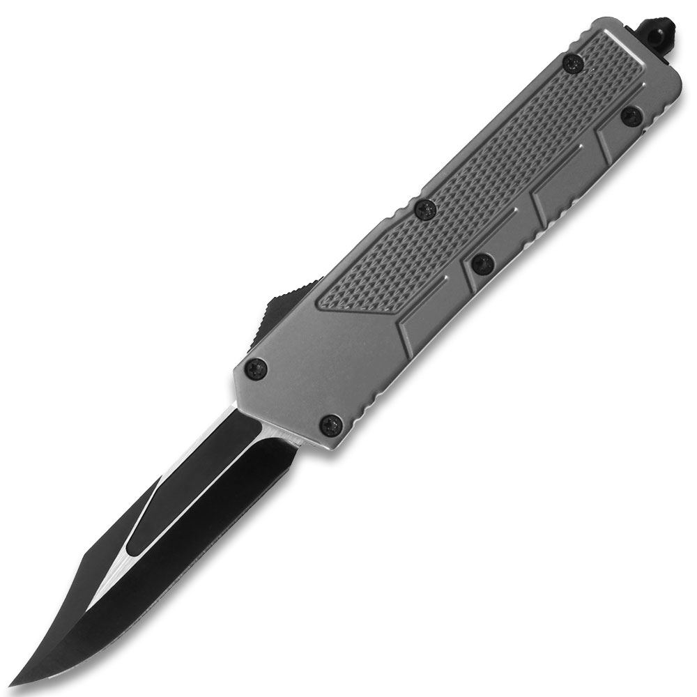 Grey Drop Point  Single Edge OTF Out The Front Assisted Open Tactical Glass Breaker