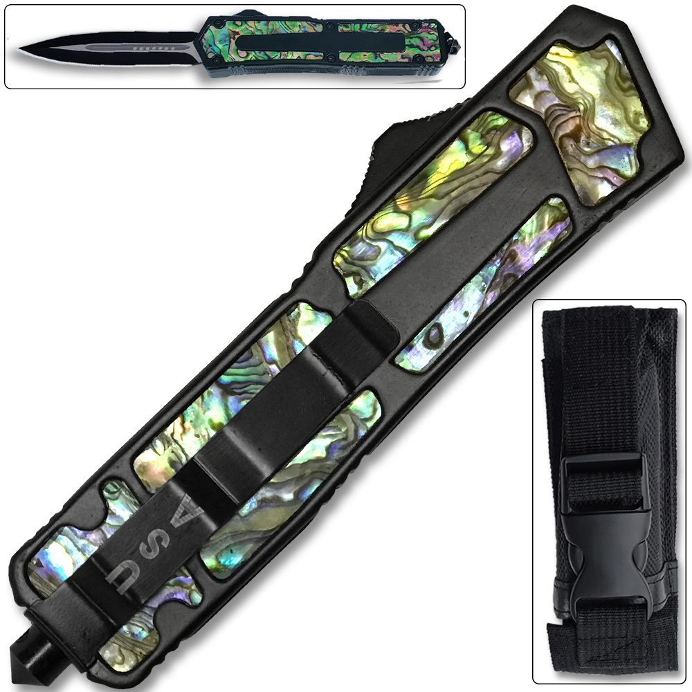 Black Hills Black OTF Knife Double Edge Spear Point Blade W/Glass Breaker