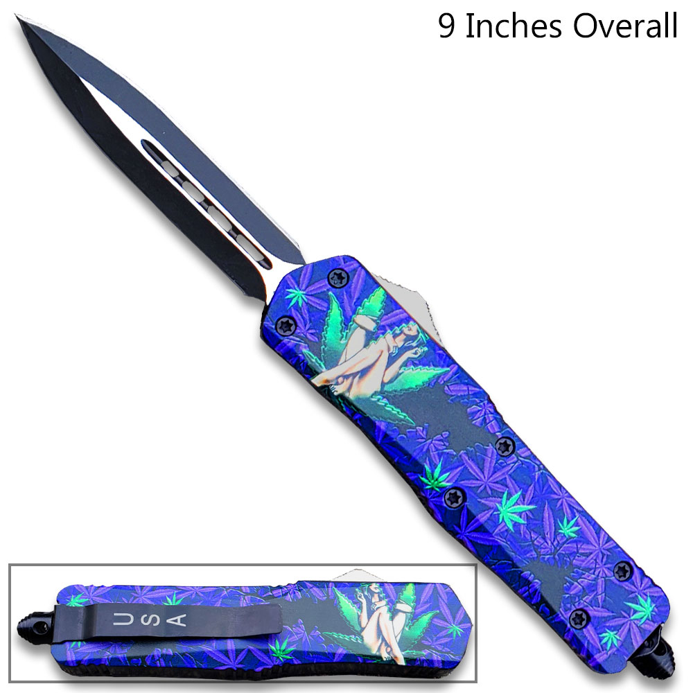 3D Girl With Green & Purple Leaves Double Edge OTF Knife