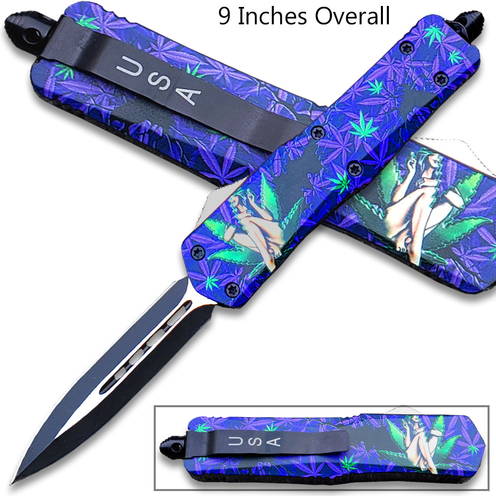 3D Girl With Green & Purple Leaves Double Edge OTF Knife