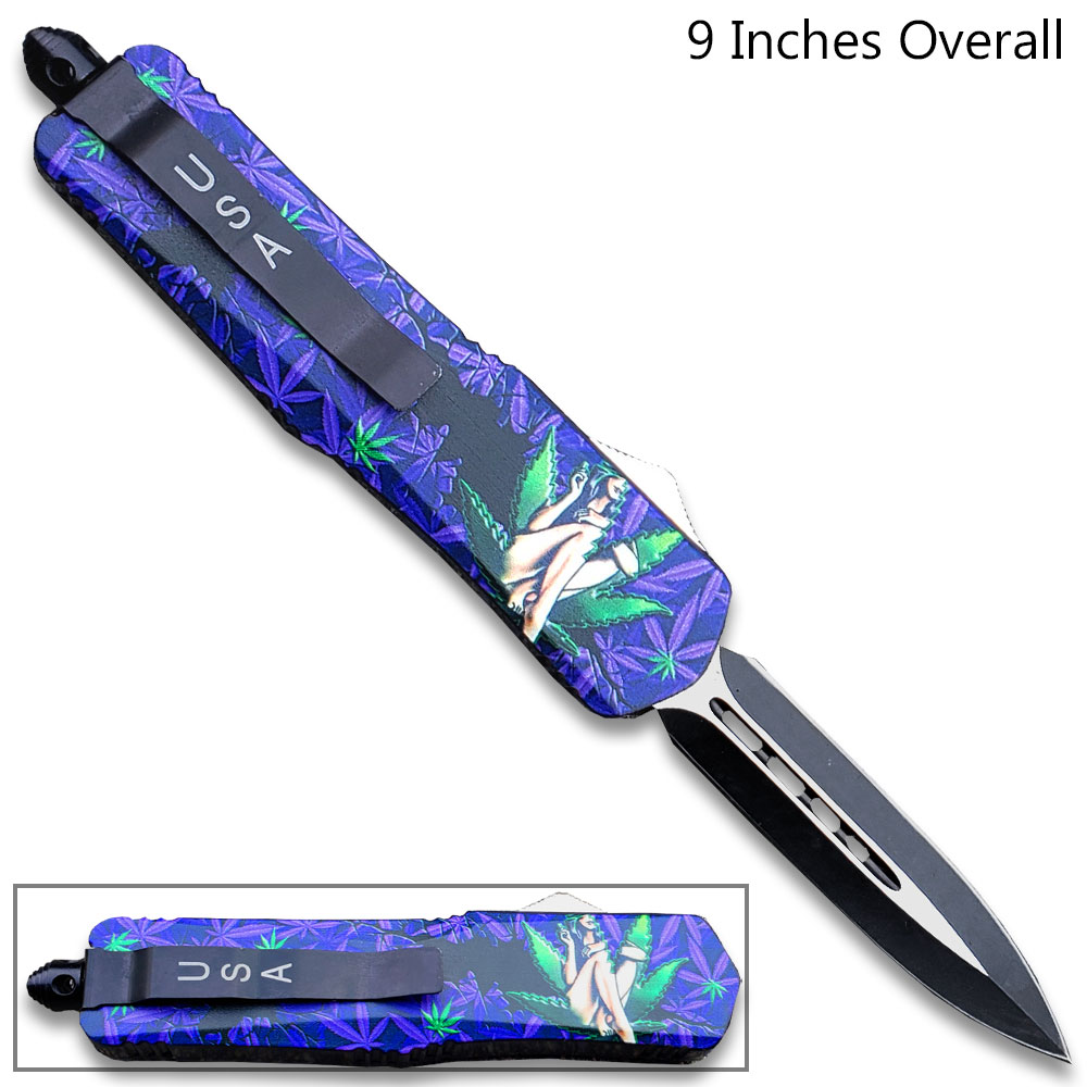 3D Girl With Green & Purple Leaves Double Edge OTF Knife