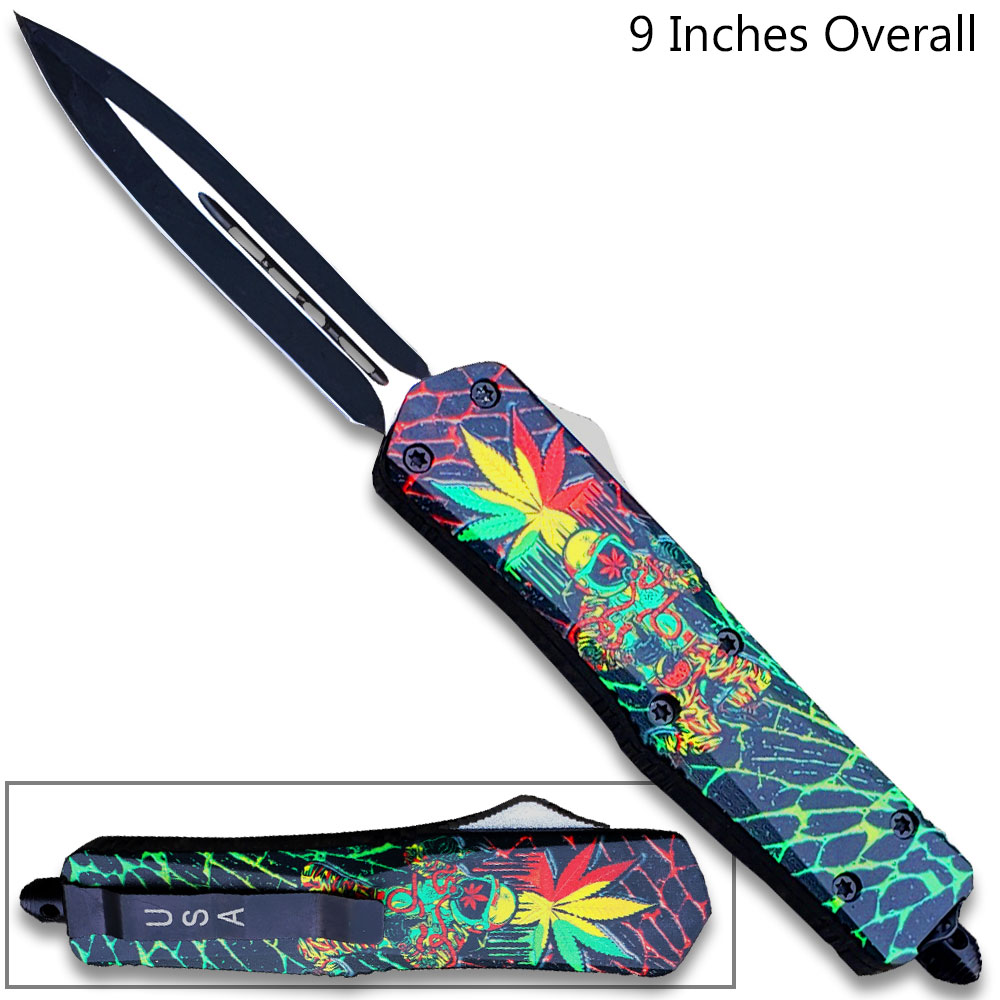 3D Multi-Color Cannabis Leaves Double Edge OTF Knife