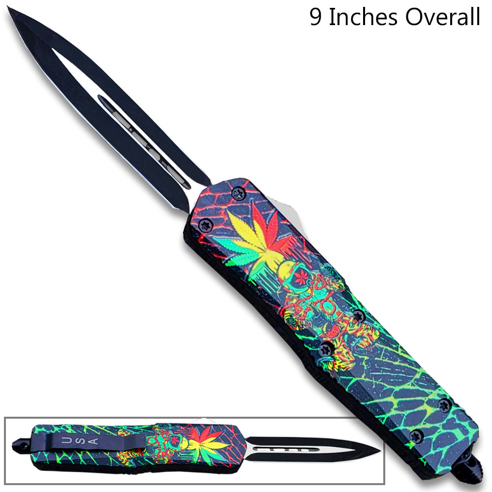 3D Multi-Color Cannabis Leaves Double Edge OTF Knife