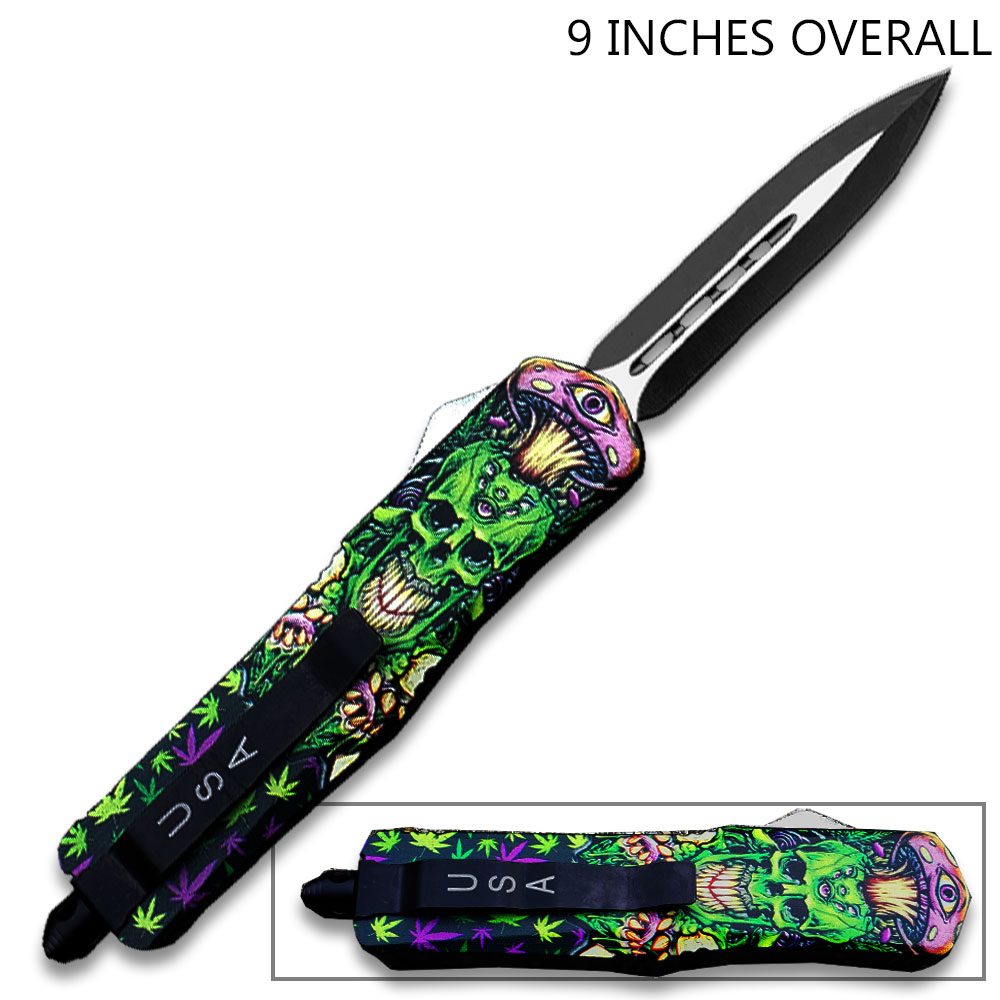 3D Joker's Skull with Green & Purple Cannabis Leaves Double Edge OTF Knife