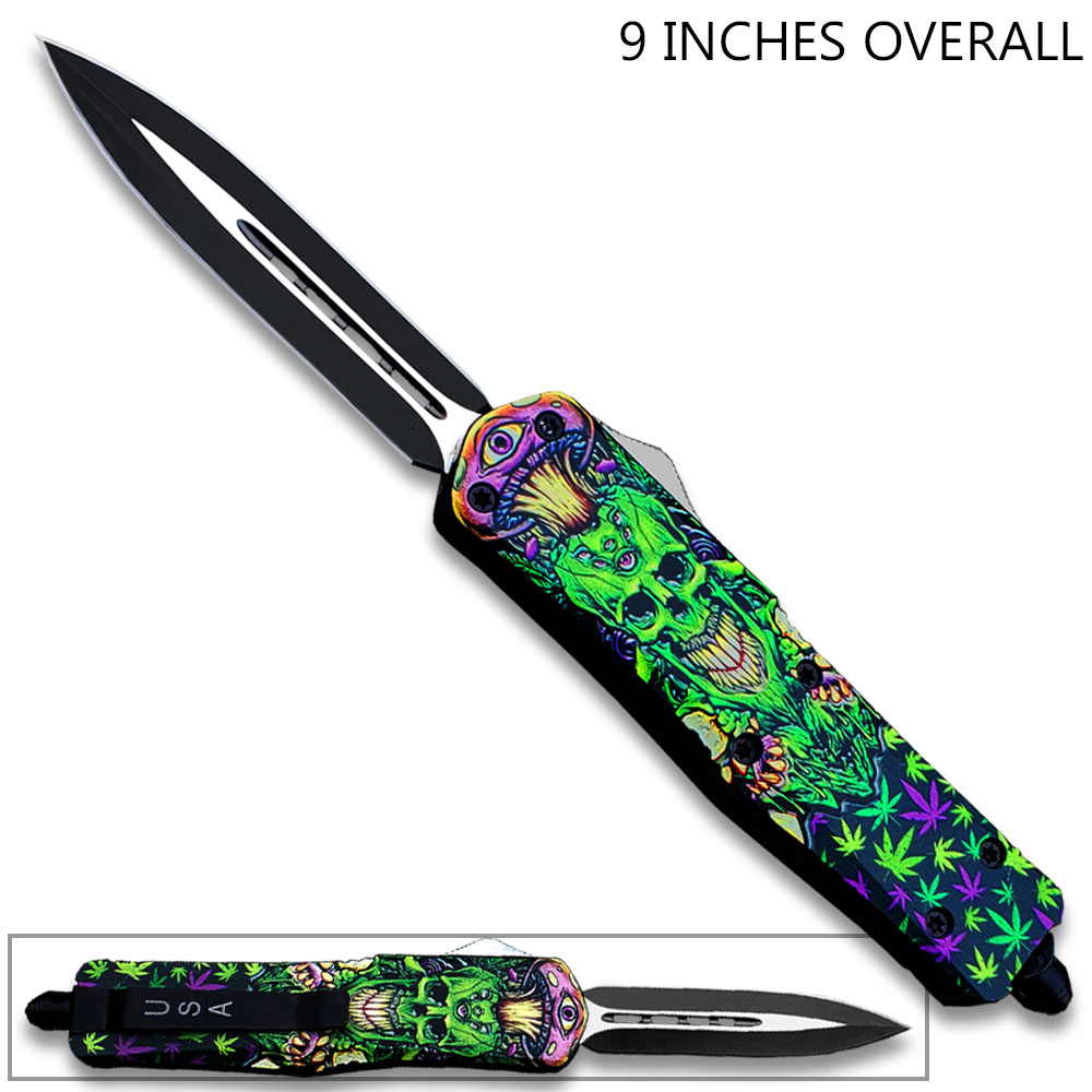 3D Joker's Skull with Green & Purple Cannabis Leaves Double Edge OTF Knife