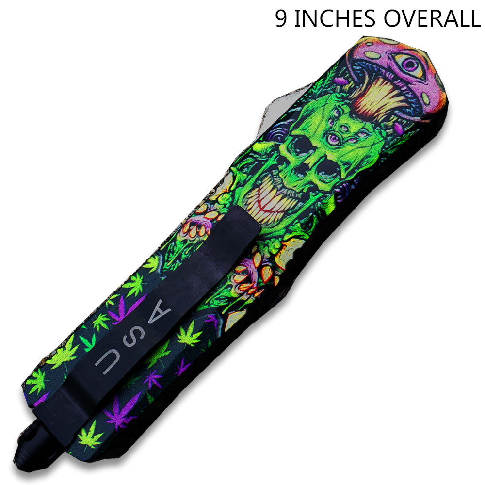 3D Joker's Skull with Green & Purple Cannabis Leaves Double Edge OTF Knife