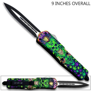 3D Joker's Skull with Green & Purple Cannabis Leaves Double Edge OTF Knife