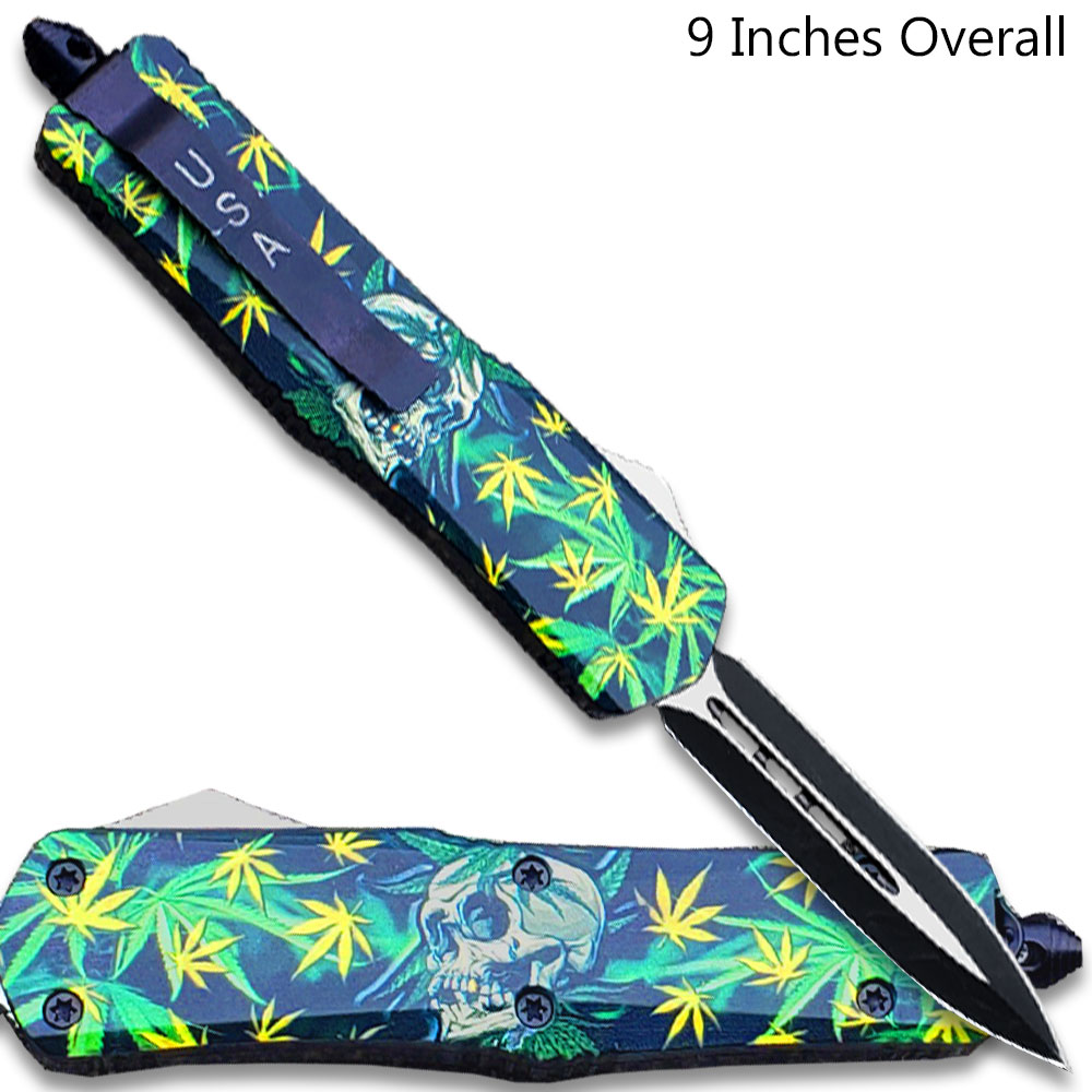 3D Skull with Green & Yellow Cannabis Leaves Double Edge OTF Knife