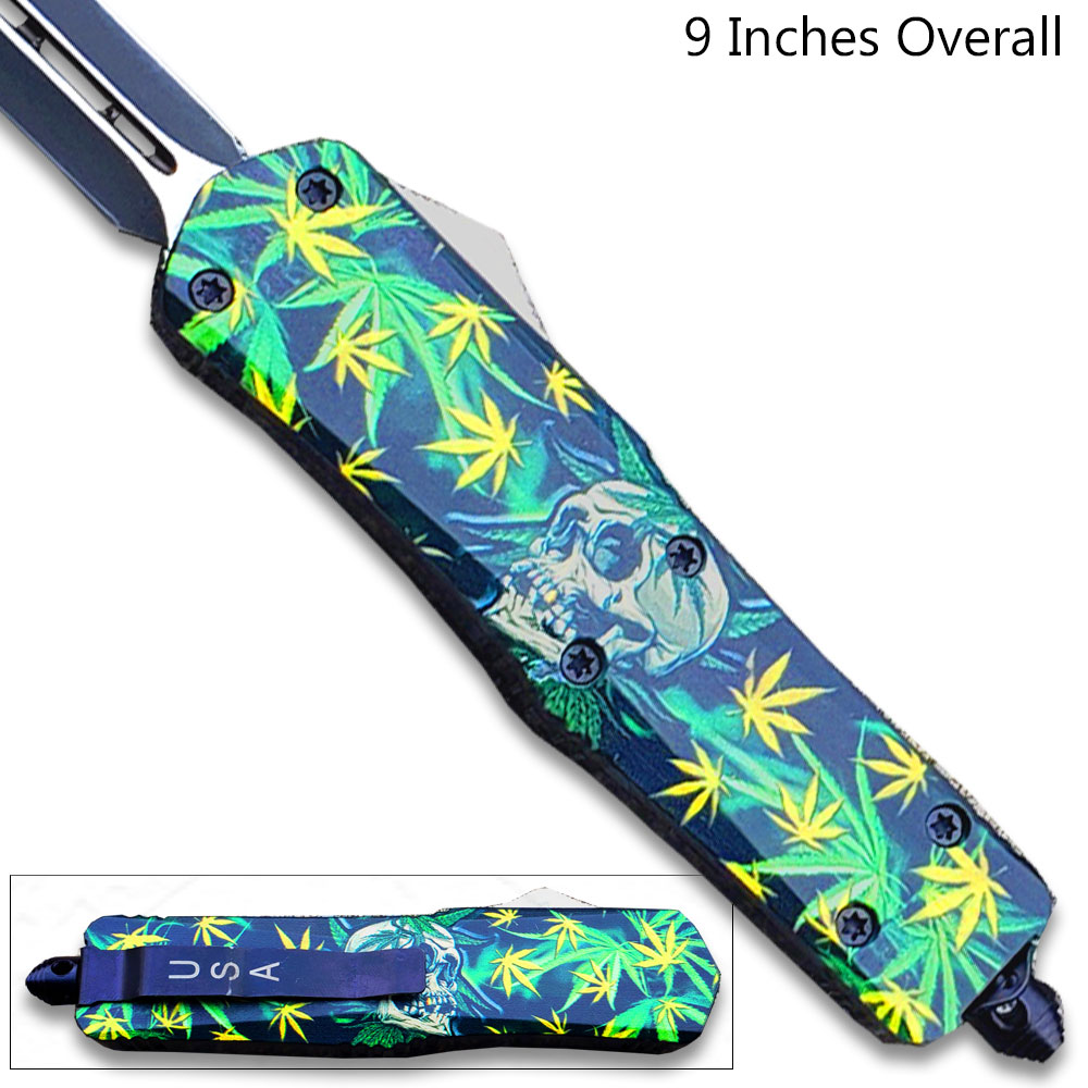 3D Skull with Green & Yellow Cannabis Leaves Double Edge OTF Knife