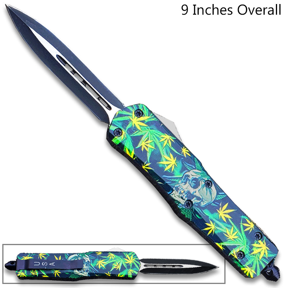 3D Skull with Green & Yellow Cannabis Leaves Double Edge OTF Knife