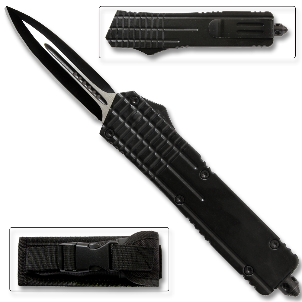 Black Spear Point OTF Out The Front Assisted Open Tactical Glass Breaker Black Handle