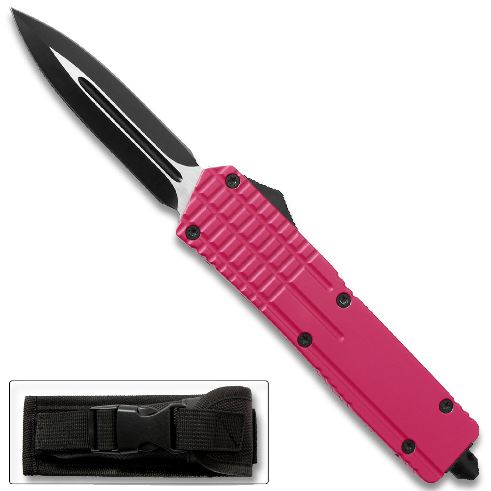 Pink Spear Point OTF Out The Front Assisted Open Tactical Glass Breaker Pink Handle