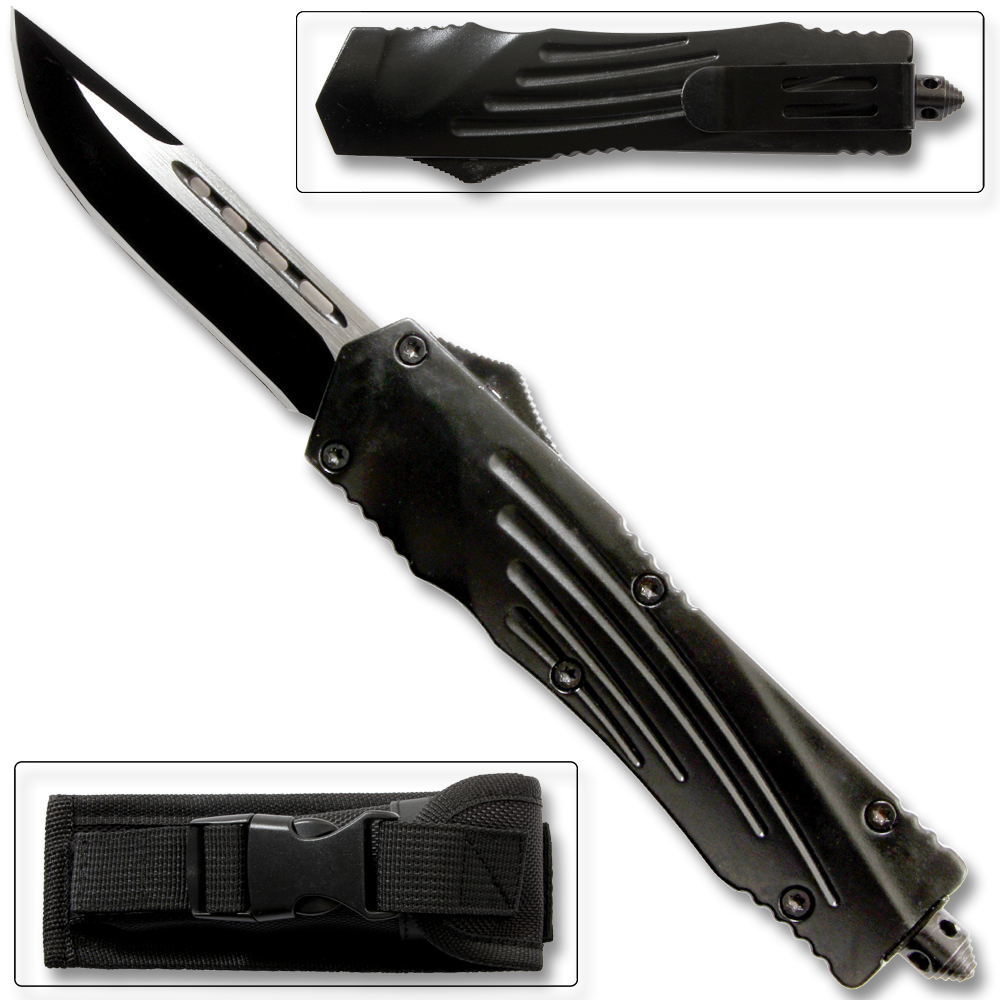 Black Straight Edge  Flagship OTF Knife  Clip Point