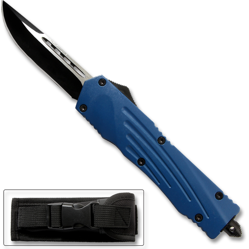 Blue Straight Edge  Flagship OTF Knife  Clip Point