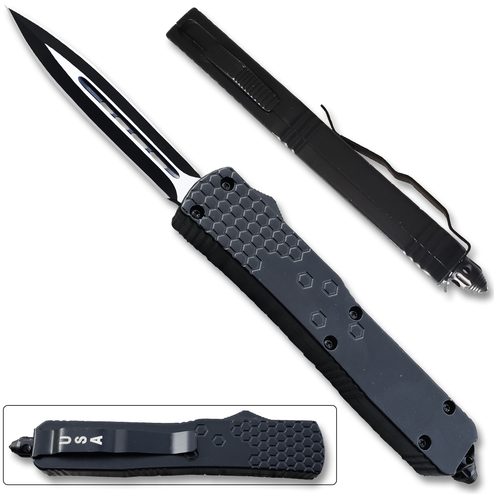 Slim Black Spear Point OTF Knife Assisted Open Tactical Glass Breaker