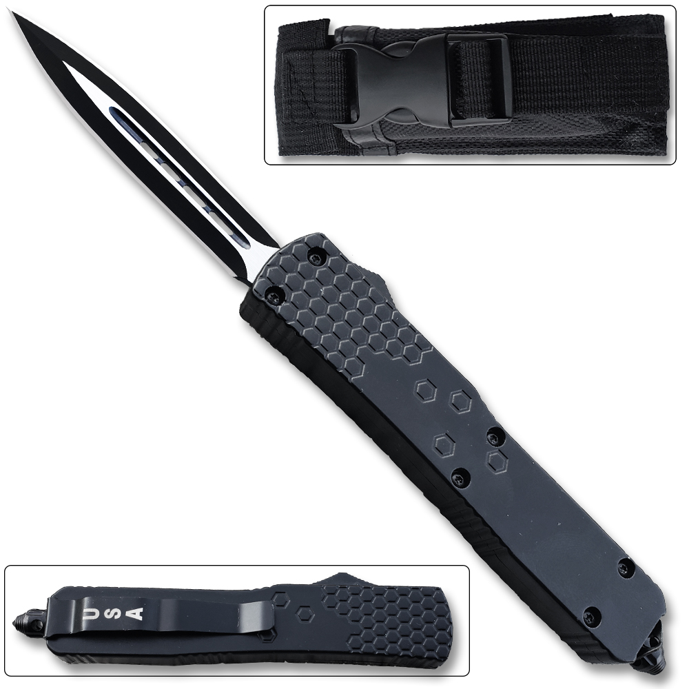 Slim Black Spear Point OTF Knife Assisted Open Tactical Glass Breaker