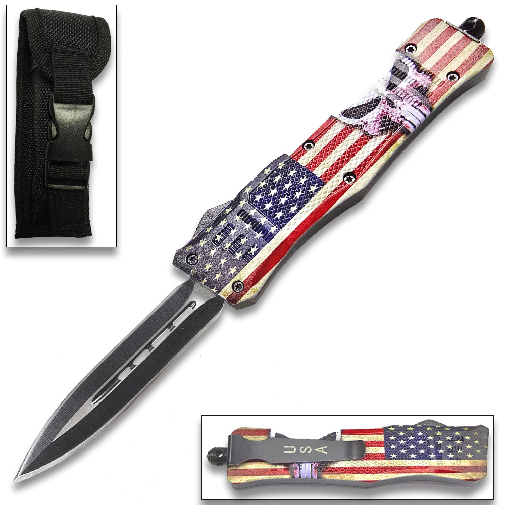 Punisher Swift OTF Knife Double  Edge Blade American Flag overall 8 Inches