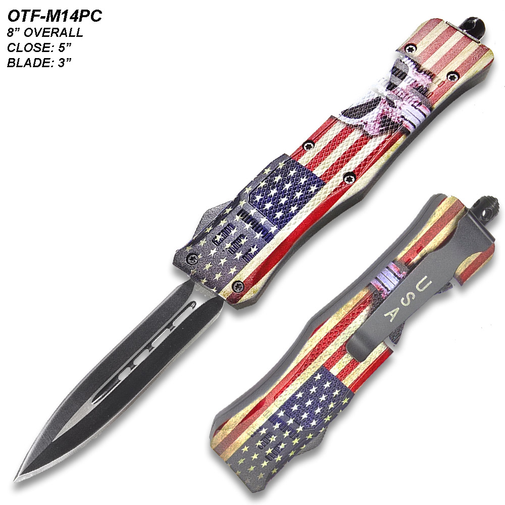 Punisher Swift OTF Knife Double  Edge Blade American Flag overall 8 Inches