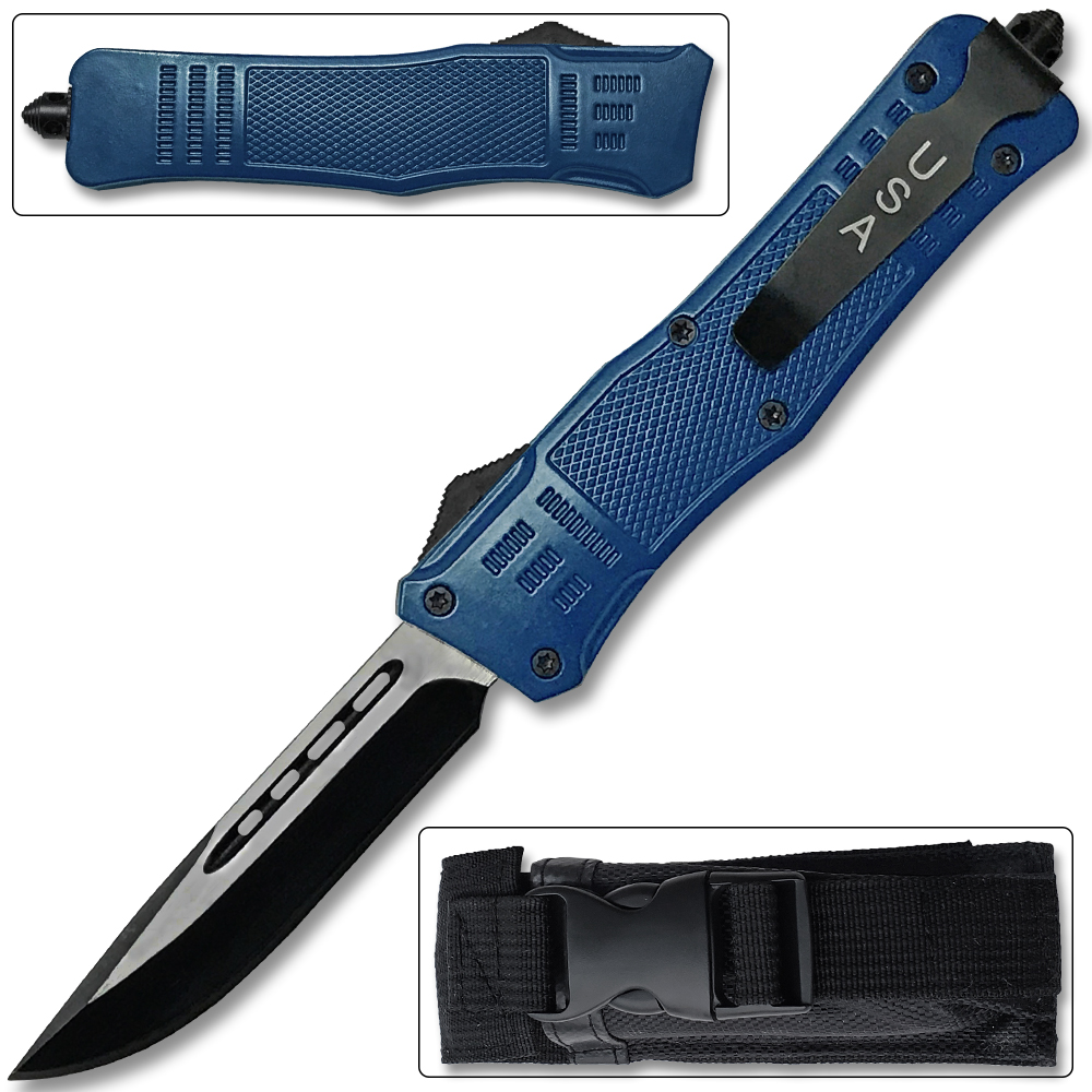 Straight Edge  Blue Flagship OTF Knife  Clip Point USA