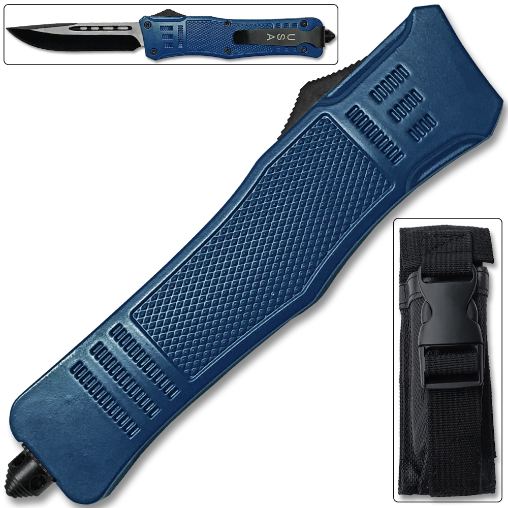 Straight Edge  Blue Flagship OTF Knife  Clip Point USA