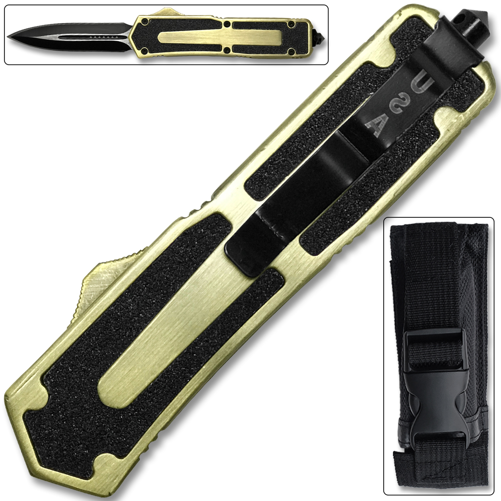 Gold Legacy Edge OTF Knife Spear Point, Double Edged Blade