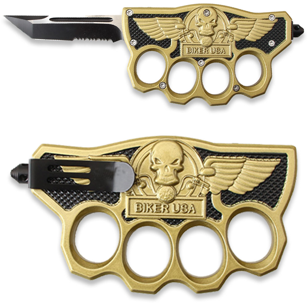 Biker USA Knuckle OTF Knife - Elite Collection - Gold Handle