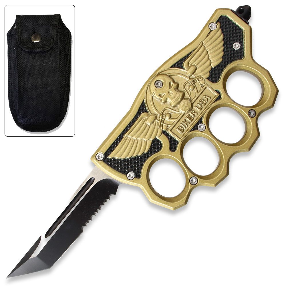 Biker USA Knuckle OTF Knife - Elite Collection - Gold Handle